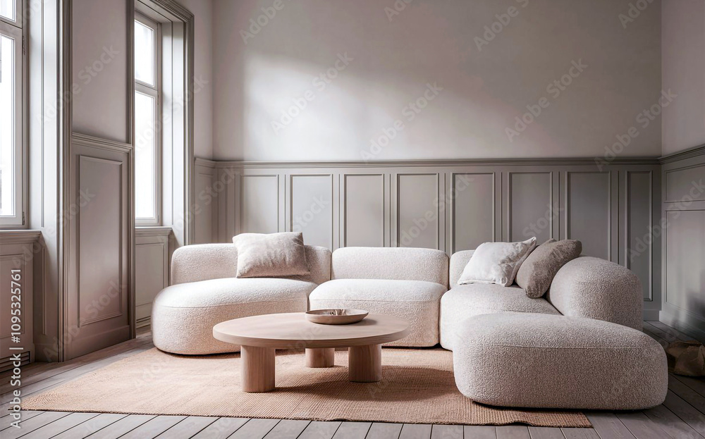 A relaxing modern living room with natural light wooden flooring and minimalist furniture. A relaxing modern living room with natural light wooden flooring and minimalist furniture.