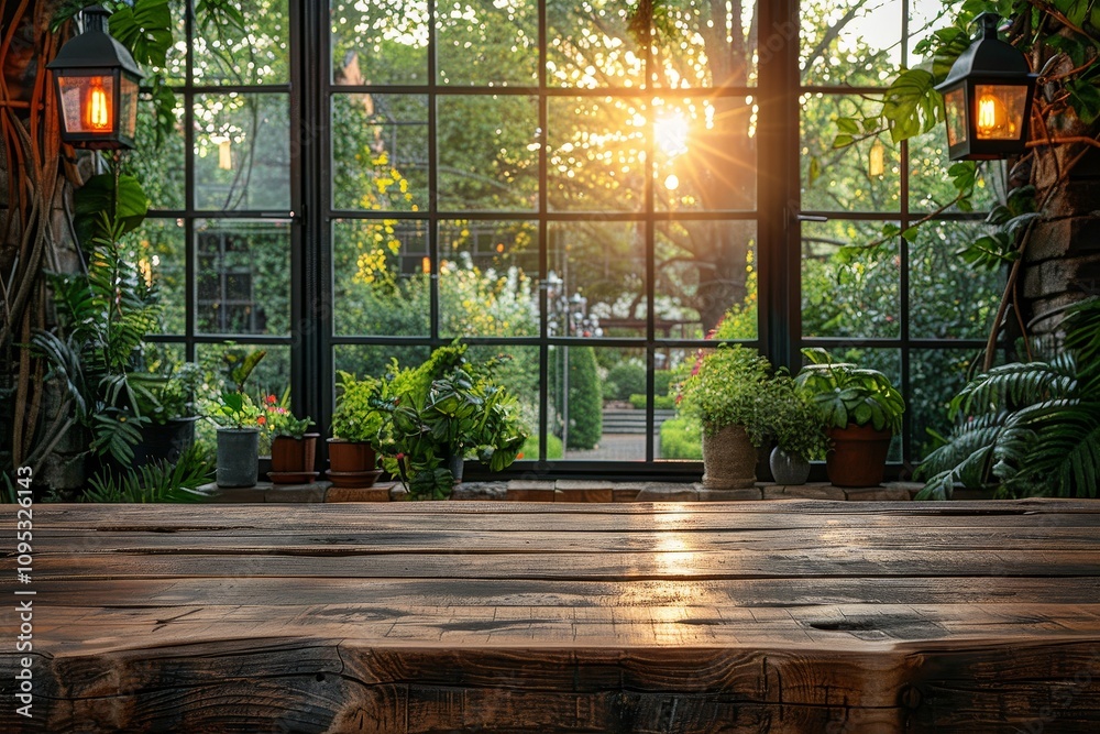 Fototapeta premium Wooden Tabletop with Copy Space on Blurred Kitchen Interior and Summer View