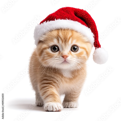 Orange tabby cat swaying joyfully while wearing a red Christmas hat on a white background 