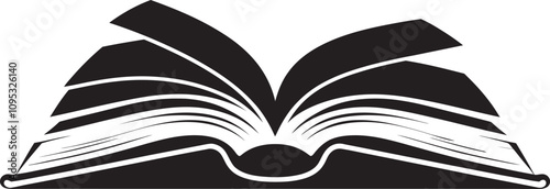 An open book with curved pages upward with black and white silhouette vector minimalistic illustration