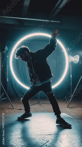 A TikToker planning a creative dance video, practicing in front of a ring light photo