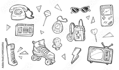 Hand drawn retro doodles featuring objects from the 90s, set of icons of 90s. Vintage elements, lollipop, roller skates, gamepads, phone, sunglasses and cassette tape on a white background in vector