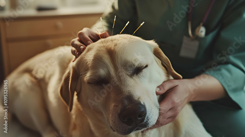 Veterinary acupuncturist placing needles on a dog's back in a calm clinic environment