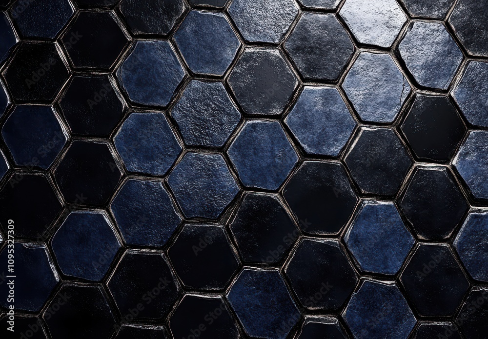 Elegant Hexagonal Tile Pattern in Dark Blue and Black Colors with Glossy Finish, Perfect for Interior Design, Home Decor, and Stylish Flooring Solutions Elegant Hexagonal Tile Pattern in Dark Blue and Black Colors with Glossy Finish, Perfect for Interior Design, Home Decor, and Stylish Flooring Solutions