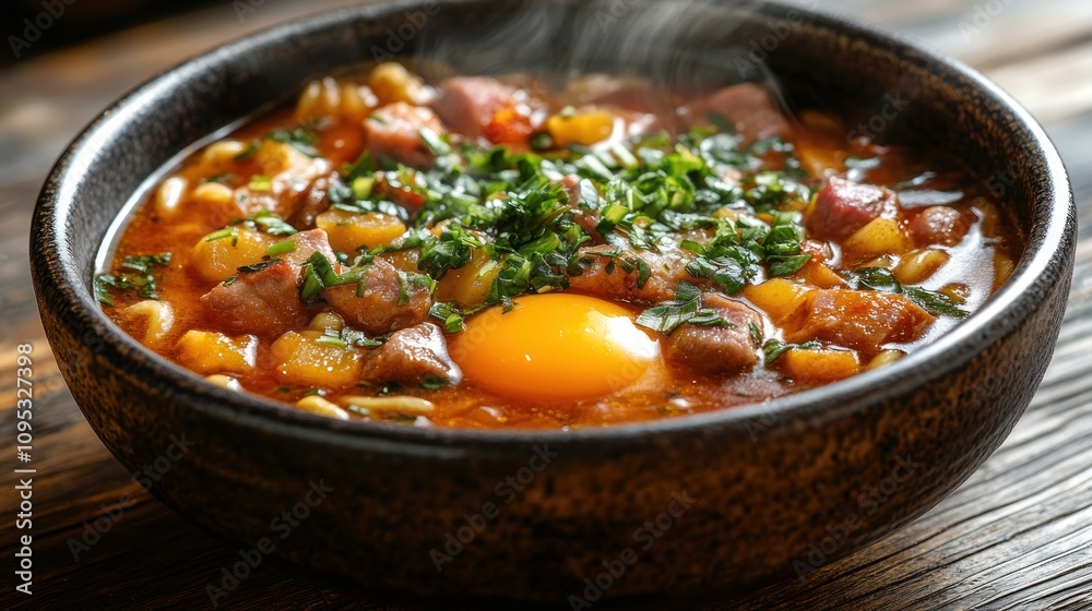 Steaming hearty soup with egg and pasta in rustic bowl. Steaming hearty soup with egg and pasta in rustic bowl.