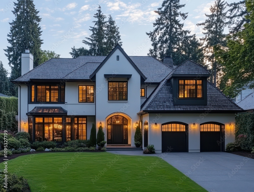 Elegant suburban residence with modern architecture, lush green lawn, and warm inviting lights emitting from large windows during twilight hours Elegant suburban residence with modern architecture, lush green lawn, and warm inviting lights emitting from large windows during twilight hours