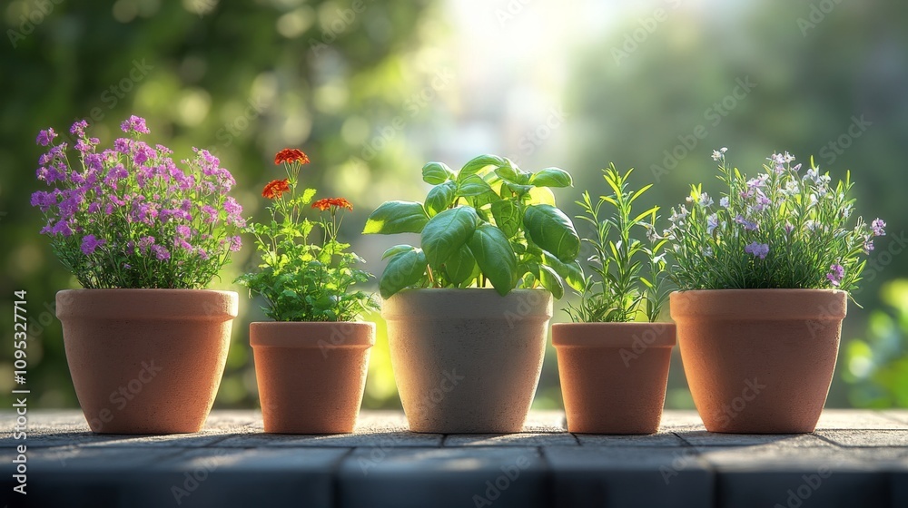 Five potted plants bask in sunlight a vibrant garden scene Five potted plants bask in sunlight a vibrant garden scene