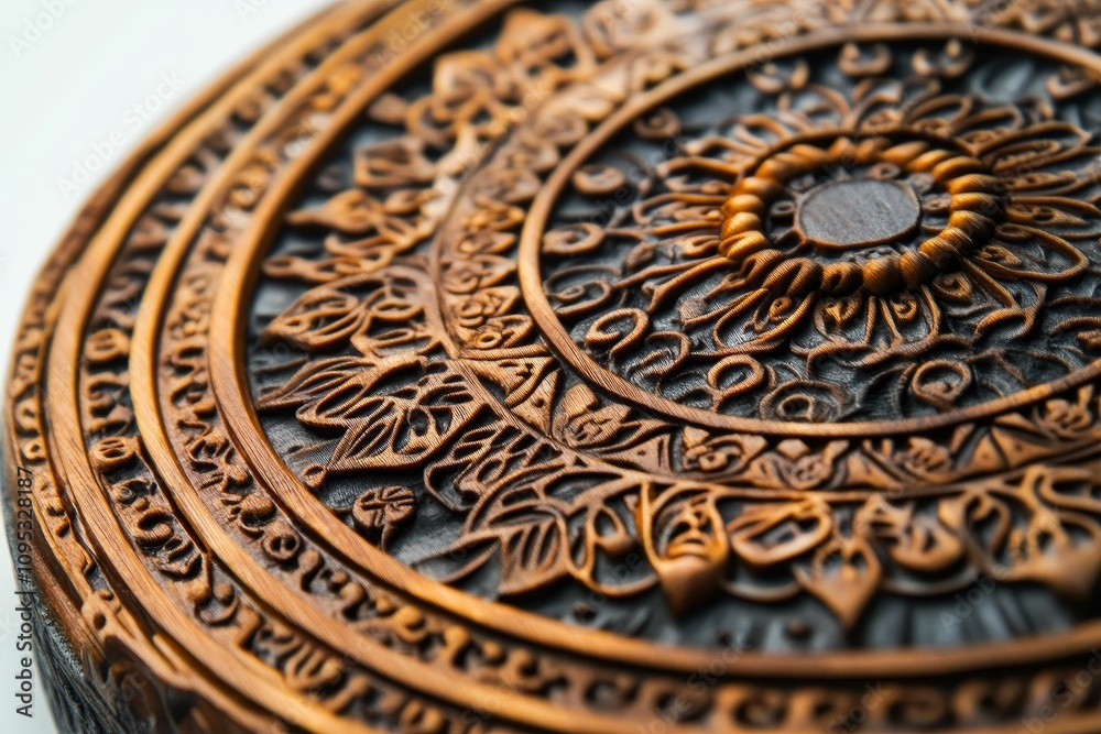 Fototapeta premium Intricate wooden circular carving, ornate mandala design.