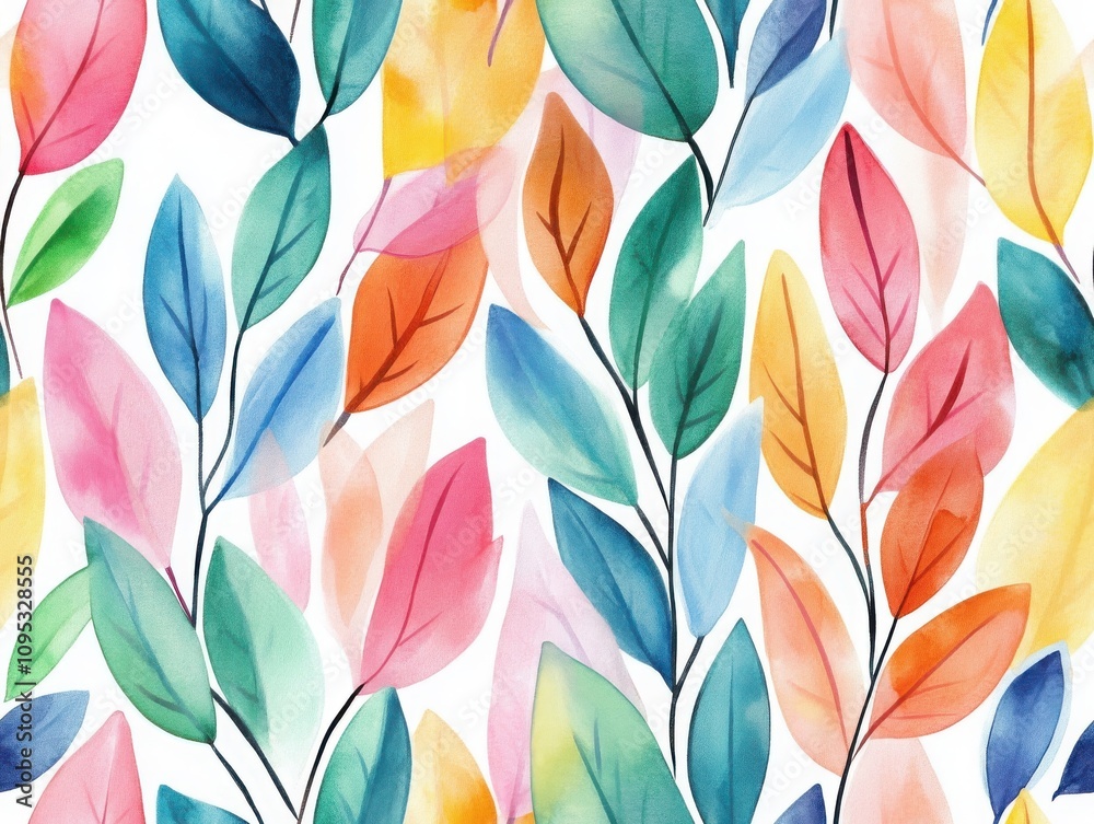 Vibrant seamless pattern. A vibrant, watercolor illustration of colorful leaves arranged in a repeating pattern, showcasing shades of green, pink, blue, and orange against a white background. Vibrant seamless pattern. A vibrant, watercolor illustration of colorful leaves arranged in a repeating pattern, showcasing shades of green, pink, blue, and orange against a white background.