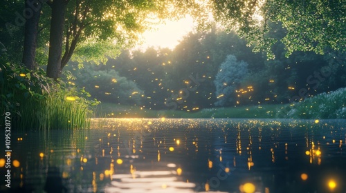 Firefly Lights Dance Over Still Summer Lake Water