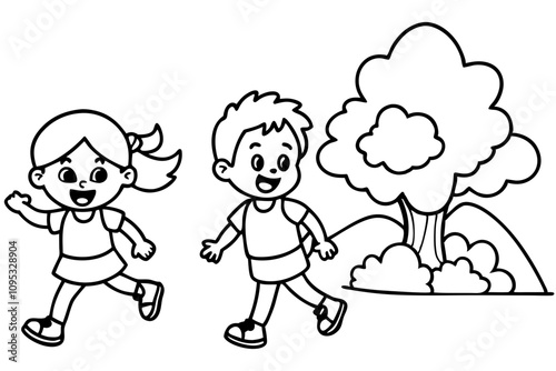 Happy Children Playing Outdoors Black and White Coloring Page Illustration