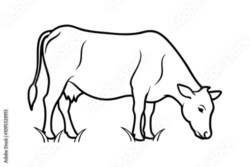 Line drawing of a grazing cow, farm animal, agriculture