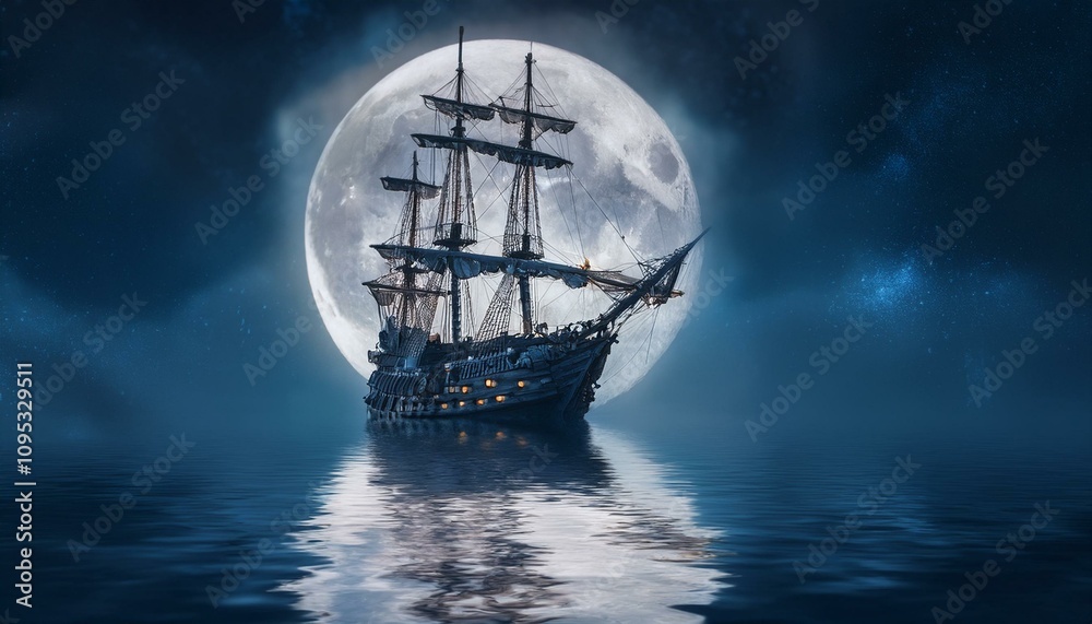 Fototapeta premium 칠흙같은 바다 위를 항해하는 해적선