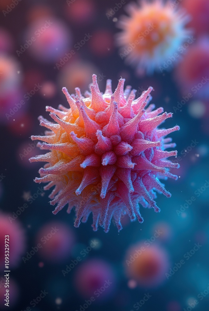 A detailed 3D rendering of a virus, showcasing its spiky surface structure and vibrant colors against a blurred background. A detailed 3D rendering of a virus, showcasing its spiky surface structure and vibrant colors against a blurred background.