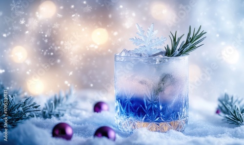 A glass of blue liquid with a snowflake on top