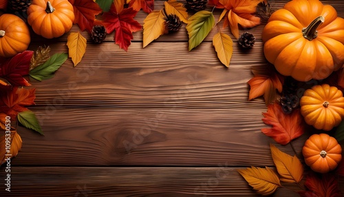 Thanksgiving-themed pumpkin and autumn leaves, arranged around a rustic wooden texture, leaving room for gratitude messages.