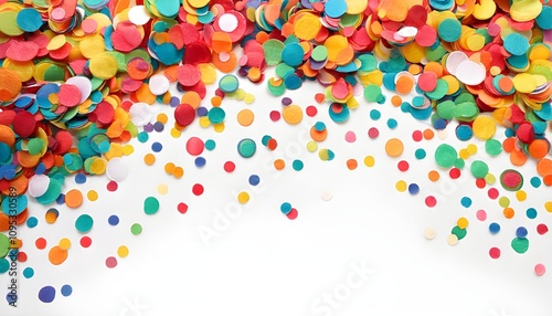 Bright and colorful confetti scattered across a white background, ideal for party invites with space for text.