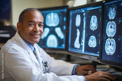 Doctor analyzing brain scans in a medical office during daytime