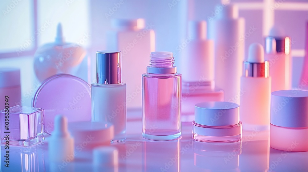 Pink & purple cosmetic bottles and jars on a reflective surface under neon light.