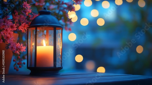 Lit candle in lantern on wooden table at night with flowers and bokeh lights.