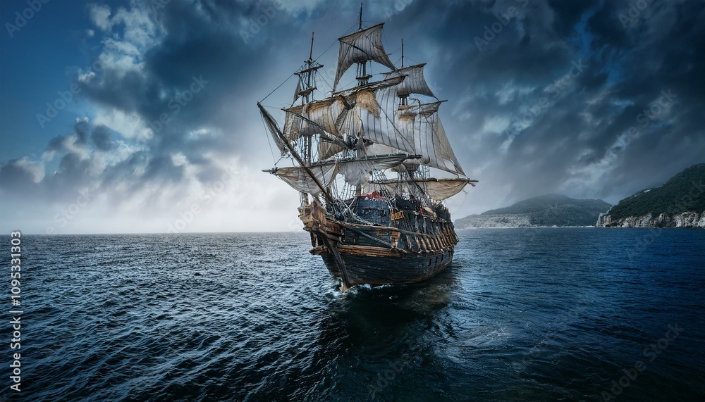 Fototapeta premium 칠흙같은 바다 위를 항해하는 해적선