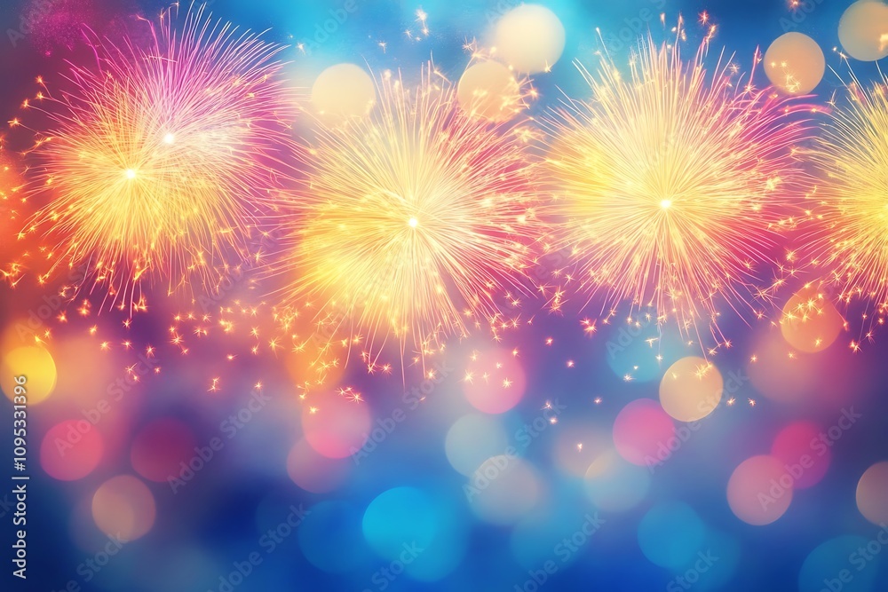 Vibrant Fireworks Display Against Dark Blue Sky Vibrant Fireworks Display Against Dark Blue Sky