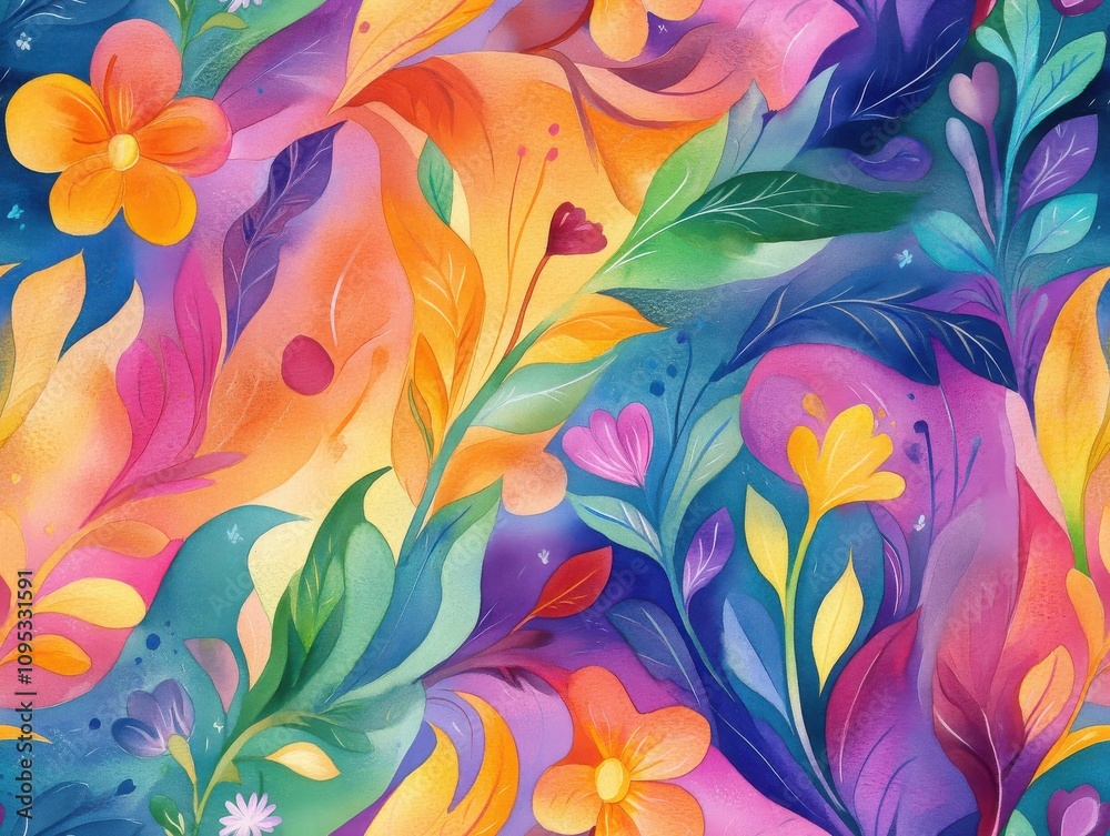 Vibrant seamless pattern brushstroke concept. A vibrant, colorful abstract design featuring flowing leaves and flowers, showcasing a blend of warm and cool hues in a harmonious, artistic expression. Vibrant seamless pattern brushstroke concept. A vibrant, colorful abstract design featuring flowing leaves and flowers, showcasing a blend of warm and cool hues in a harmonious, artistic expression.