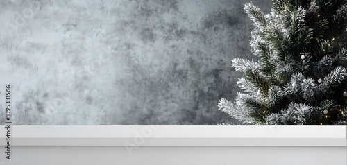 empty white table with a christmas tree in the background