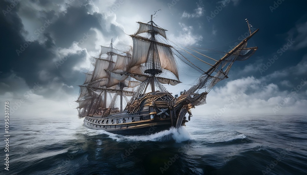 Fototapeta premium 칠흙같은 바다 위를 항해하는 해적선