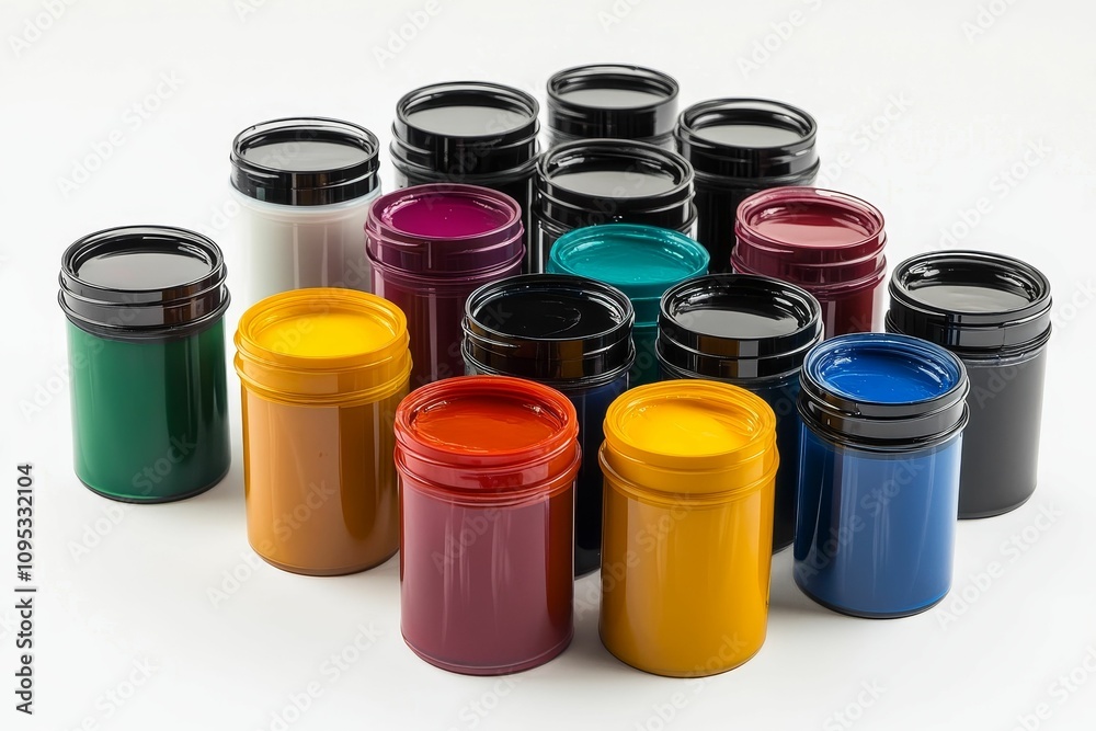 Colorful paint containers, various shades. Colorful paint containers, various shades.