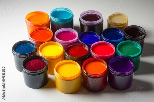 Colorful paint containers arranged on a white background.