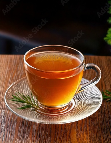 Primer plano de un té o una infusión en una taza de cristal.