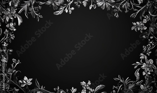A black background with a silver flowery border