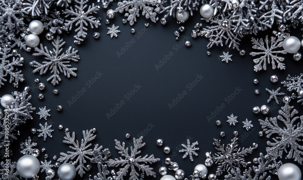 A black background with a silver snowflake border A black background with a silver snowflake border