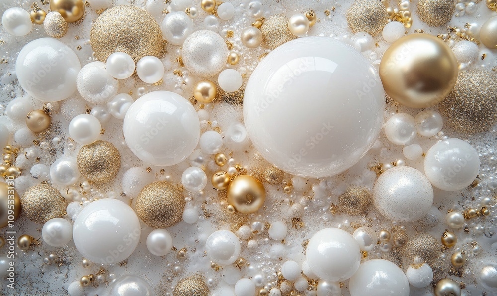 A bunch of white and gold balls are scattered on a surface A bunch of white and gold balls are scattered on a surface