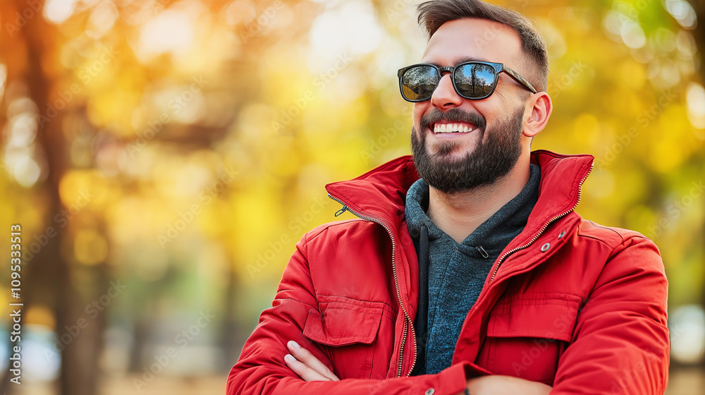 Smiling man in red jacket with sunglasses in fall foliage.