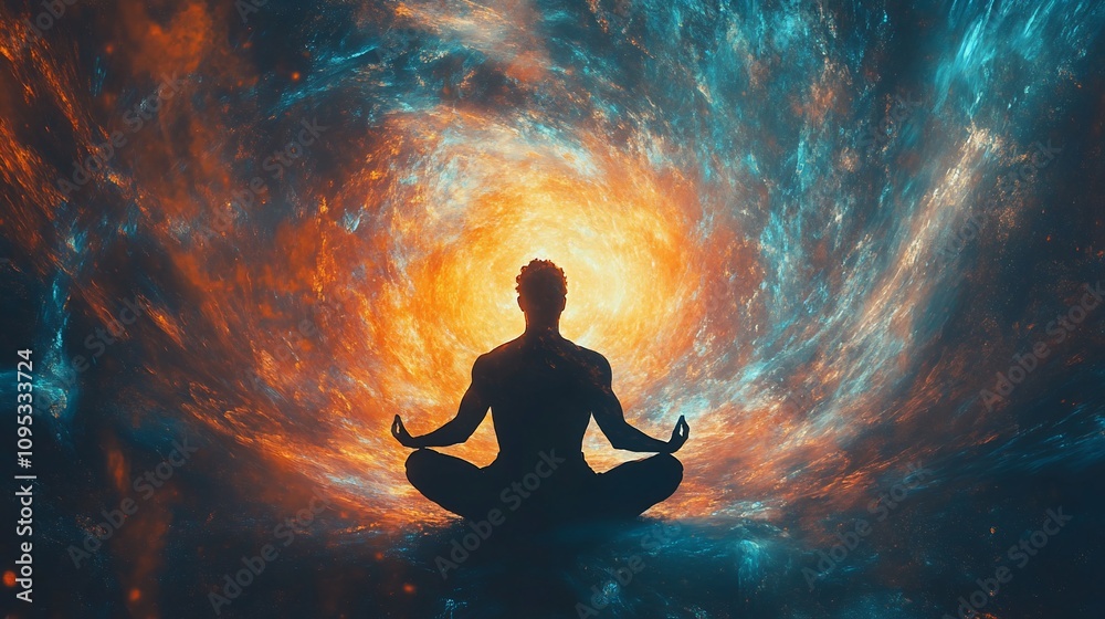 Silhouette of a man meditating in a cosmic vortex of swirling colors.