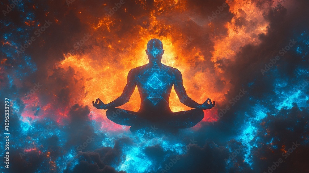 Silhouette of a meditating man amidst fiery and icy clouds. Silhouette of a meditating man amidst fiery and icy clouds.
