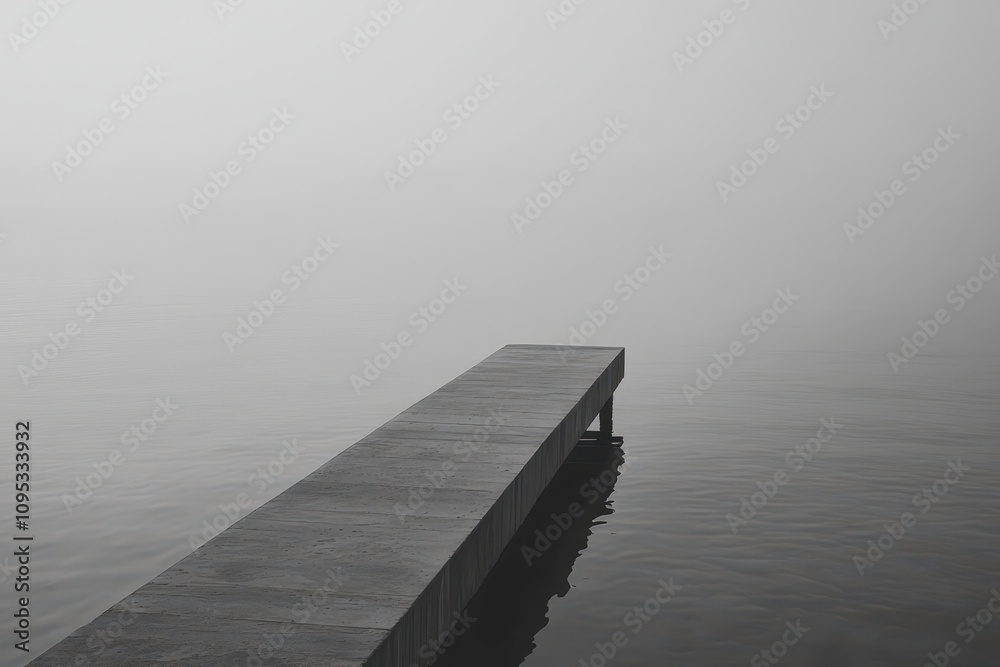Fototapeta premium Foggy morning on a serene lake with a solitary wooden dock extending into calm waters