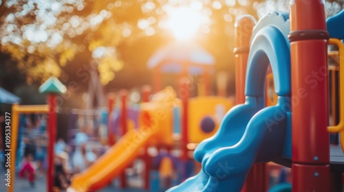 Wallpaper Mural Close-up of Blue Plastic Slide on Playground with Sunlit Background Torontodigital.ca
