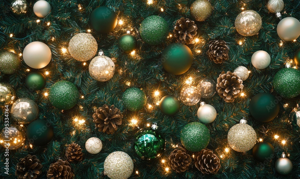A Christmas tree with many green and white ornaments A Christmas tree with many green and white ornaments