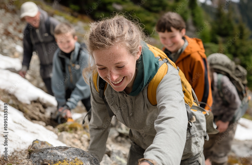 Hiking group of all ages, helping each other up a steep rocky trail, smiling and encouraging each other, patches of snow still visible on the higher slopes
Hiking group of all ages, helping each other up a steep rocky trail, smiling and encouraging each other, patches of snow still visible on the higher slopes