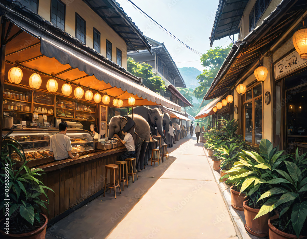 Fototapeta premium Excellent views of Thailand, cafe, street trade, elephants.