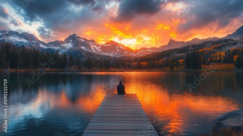 Wallpaper Mural Serene sunset over mountain lake; person sits on dock. Torontodigital.ca