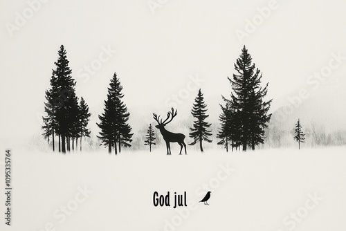 Minimal Christmas card design with three christmas trees and God Jul text.