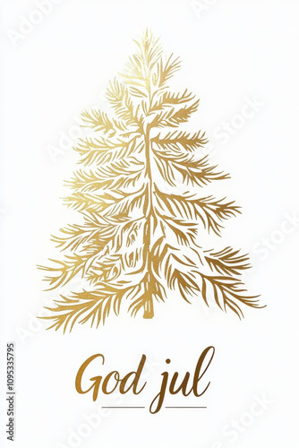 Minimal Christmas card design with three christmas trees and God Jul text. photo