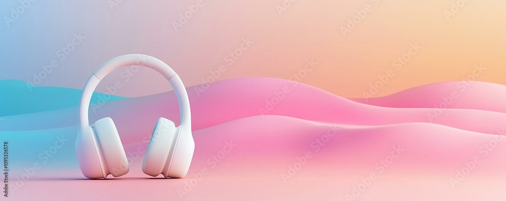 Harmony redefined with voice, audio and accent. A minimalist design featuring white headphones against a gradient background of soft pastel colors, creating a serene and modern aesthetic.