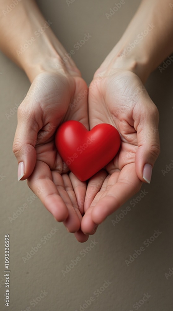 A pair of hands gently cradling a bright red heart against a neutral background, symbolizing love and care.