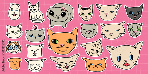 Set of silly meme cat faces. Cute and funny domestic animals cats muzzles stickers. Kitten pet heads portraits. Ridiculous feline icons. For advertising, posters, prints, clothing, social media, child