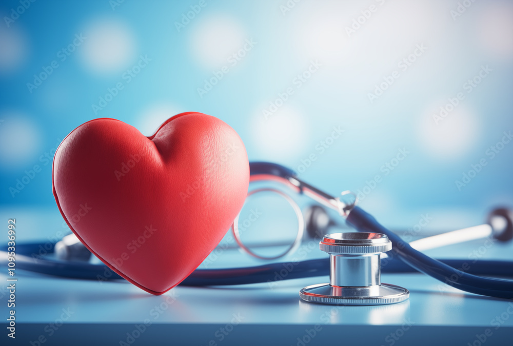 Red heart-shaped toy and stethoscope on a medical chart against a light blue background symbolizing health care Red heart-shaped toy and stethoscope on a medical chart against a light blue background symbolizing health care